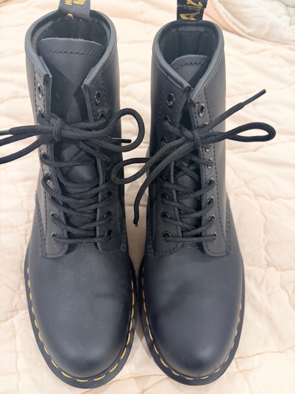 Dr. Martens Black Safety Shoe Label with Yellow Logo Accent